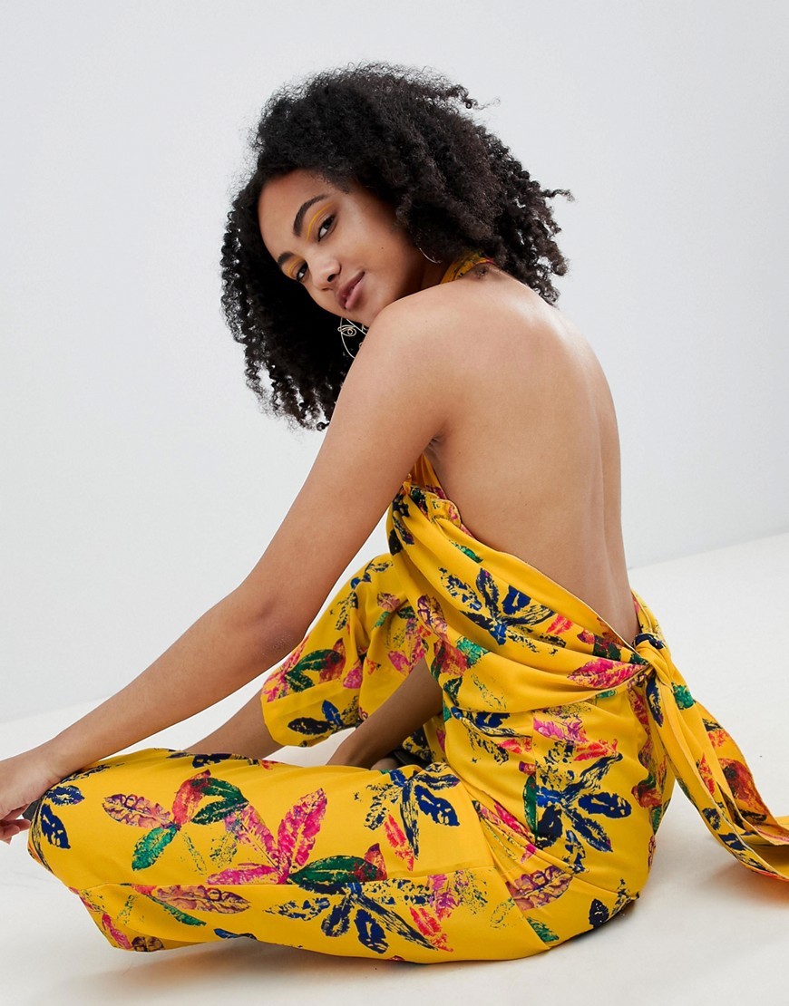 ASOS Made In Kenya x 2ManySiblings High Neck Frill Jumpsuit In Yellow Floral - Multi | ASOS US
