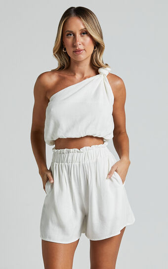 Raylene Two Piece Set - Linen Look Knotted One Shoulder Top and Paper Bag Waist Shorts in White | Showpo (US, UK & Europe)