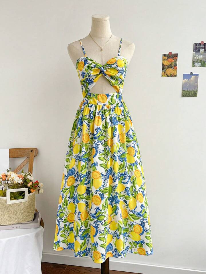 SHEIN WYWH WYWH Women's Vacation Spaghetti Strap V-Neck Knotted Waist A-Line Midi Dress, Tropical... | SHEIN