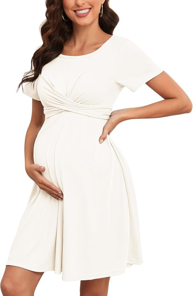 2024 Summer Maternity Dress Criss Cross Self Tie Short Sleeves A-line Mini Baby Shower Casual Pre... | Amazon (US)