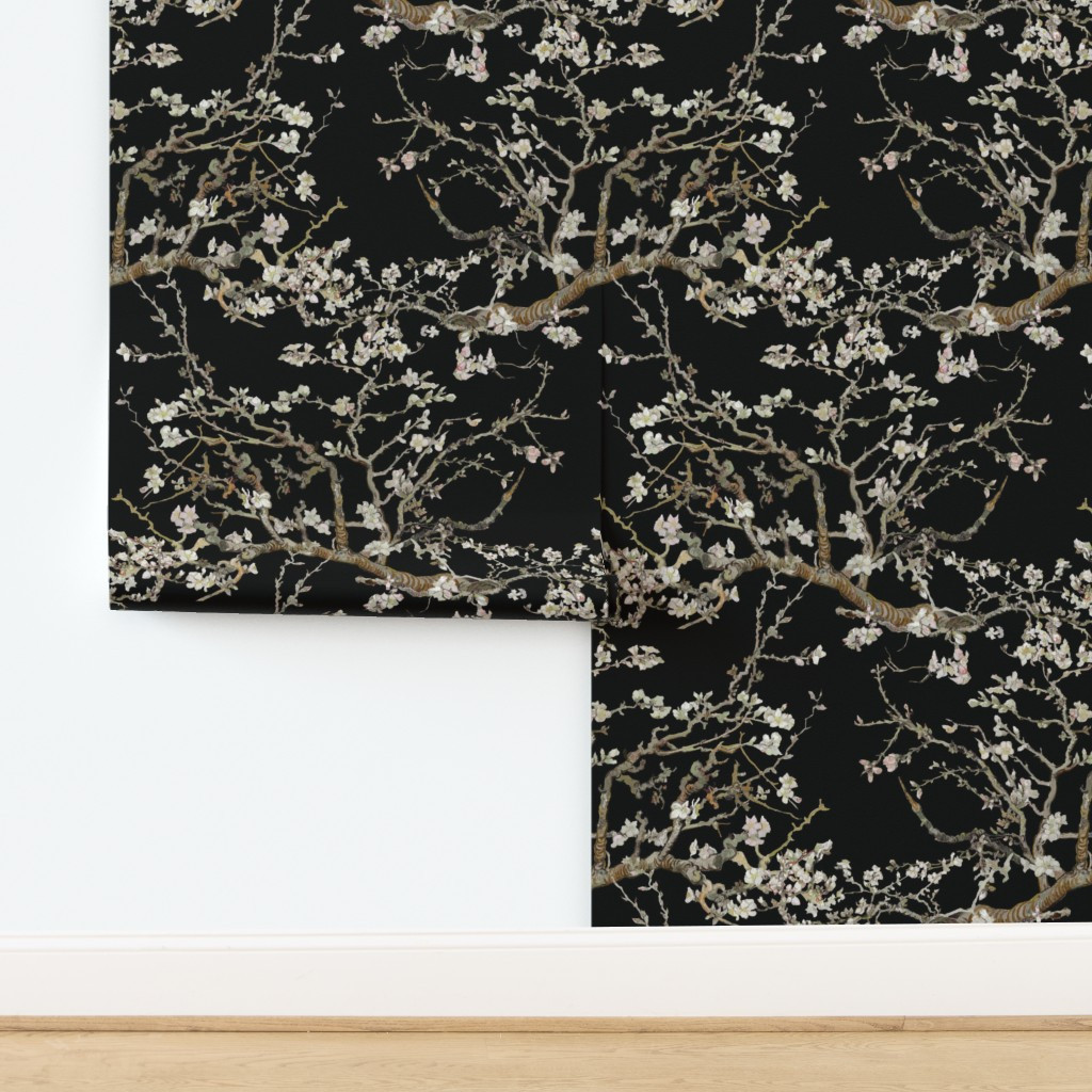 Wallpaper in Almond Blossoms Van Gogh Early Spring on Black | Spoonflower