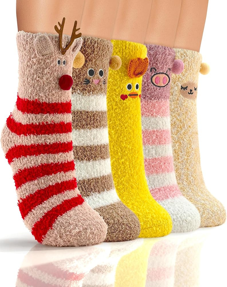 TEHOOK 5 Pairs 3D Cute Fuzzy Socks for Teens Girls Stocking Stuffers Gifts, Funny Animal Soft Flu... | Amazon (US)