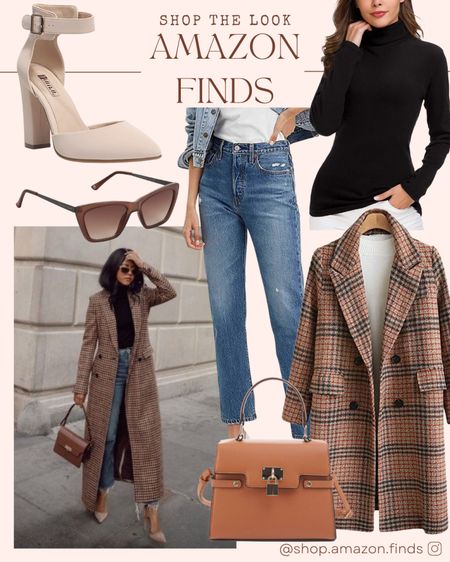 Pinterest inspired outfit for fall! Shop this entire classic look from Amazon. Long plaid coat, straight leg jeans, classic black turtleneck, tied together with the perfect accessories.

#LTKSeasonal #LTKstyletip #LTKsalealert
