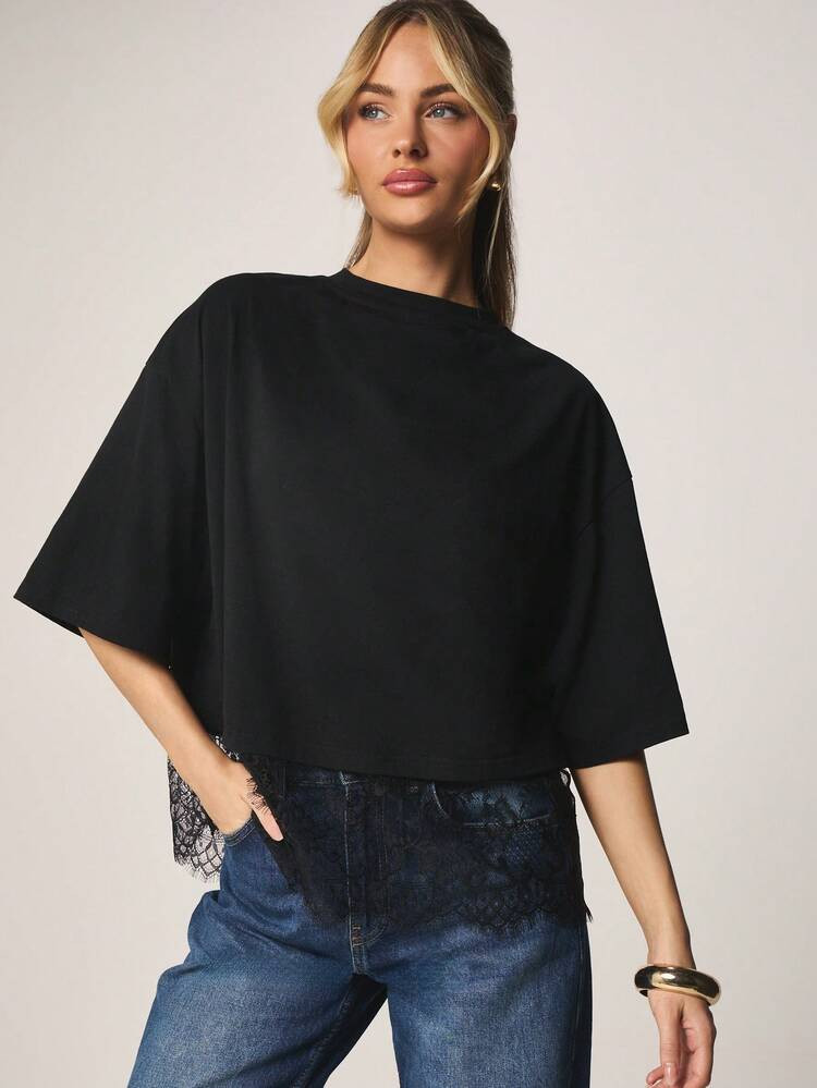 MISSGUIDED Black Lace Trim Box Oversized Short Sleeve Crew Neck T-Shirt | SHEIN