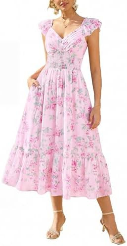 GRACE KARIN Women's Summer Floral Maxi Dress 2026 Ruffle Sleeve Smocked Sundress Flowy Wedding Gu... | Amazon (US)