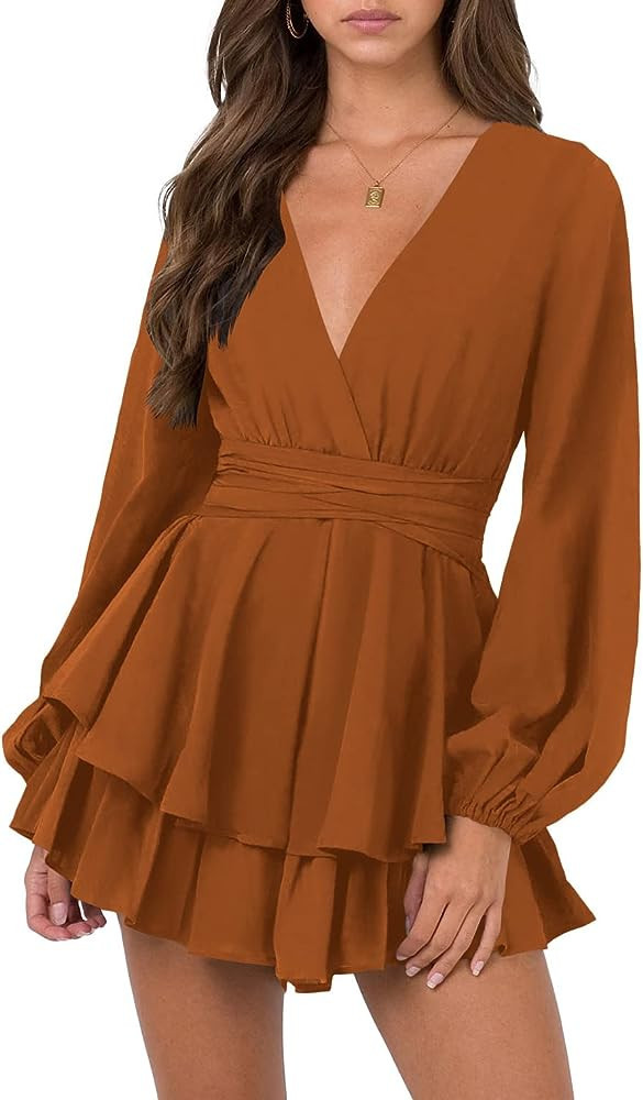 Nova In Sky Womens Sexy V Neck Long Sleeve Orange Dress Long Sleeve Burnt Orange Dress Mini Dress | Amazon (US)