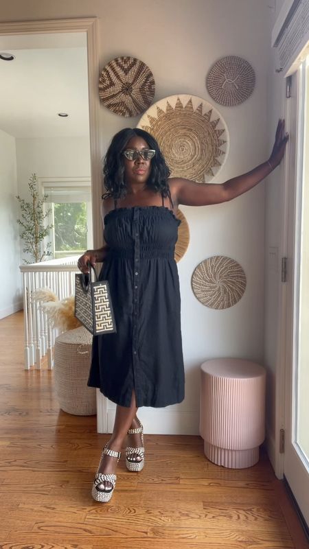 Summer outfit but make it classy!! Love this sleek, simple black dress for summer! Paired it with these gorgeous two toned platform sandal heels from Nordstrom, black and white ring handbag to match and a classic pair of black sunglasses!!

#LTKshoecrush #LTKsalealert #LTKstyletip