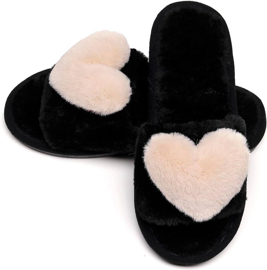 Crazy Lady Women's LOVE Slippers Fuzzy Fluffy Memory Foam House Shoes Open Toe Indoor and Outdoor | Amazon (US)