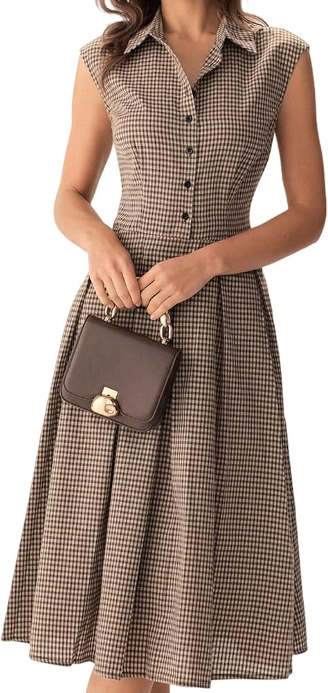 RIHOAS Women's Brown Plaid Dress Button Up Pleated Midi Dress Work Casual Premium Dresses | Amazon (US)