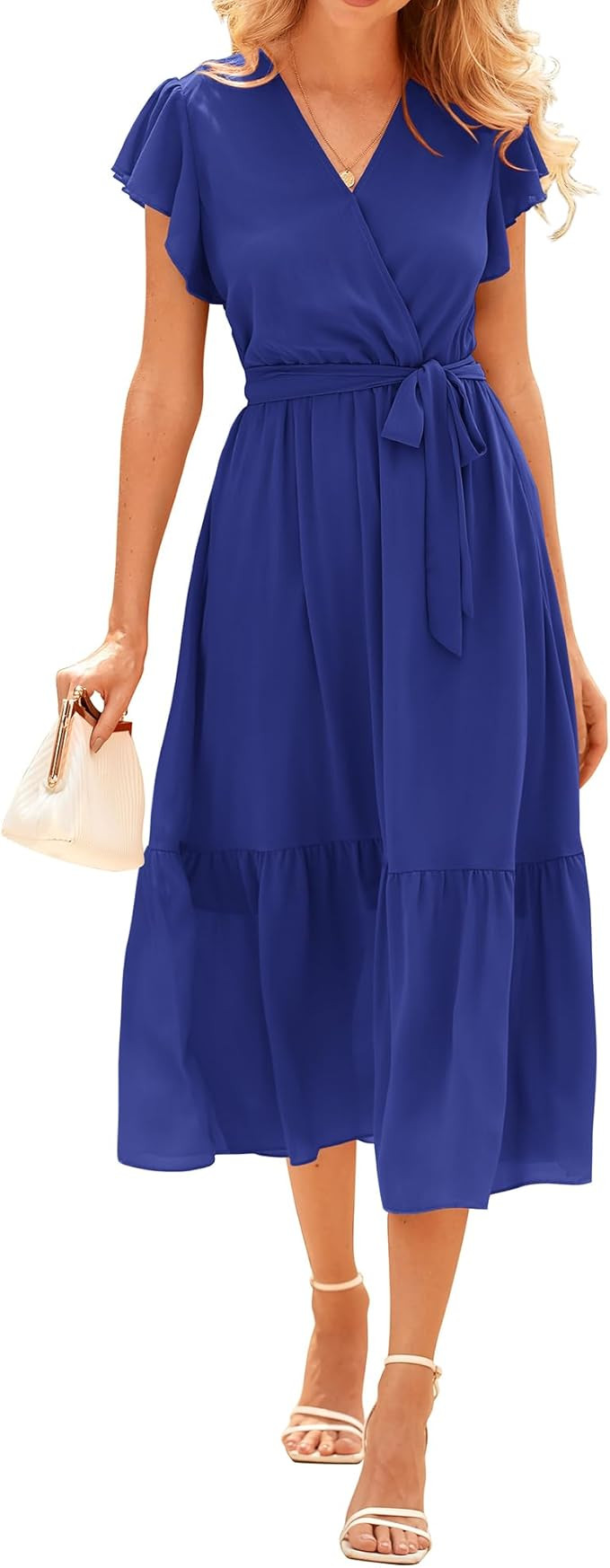 BTFBM Women Summer Bohemian Floral Casual Wrap V Neck Ruffle Cap Sleeveless Belt A-Line Pleated H... | Amazon (US)