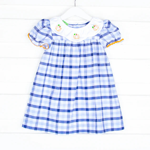 Pumpkin Embroidered Blue Plaid Holly Dress | Classic Whimsy