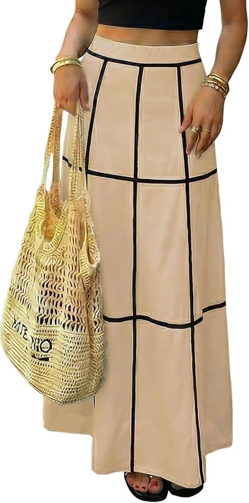 EXLURA Women's Faux Linen Boho Maxi Skirt Grid High Waist Long Flowy Skirts Summer Beach Vacation... | Amazon (US)