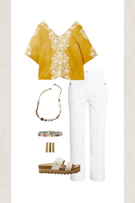 Cropped Boden tee, white wide leg pants, Reef sandals 