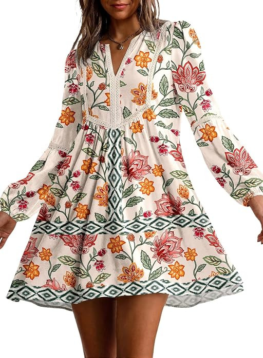 Dokotoo Boho Dresses for Women 2026 Floral V Neck Long Sleeve Embroidered Lace Beach Vacation Min... | Amazon (US)
