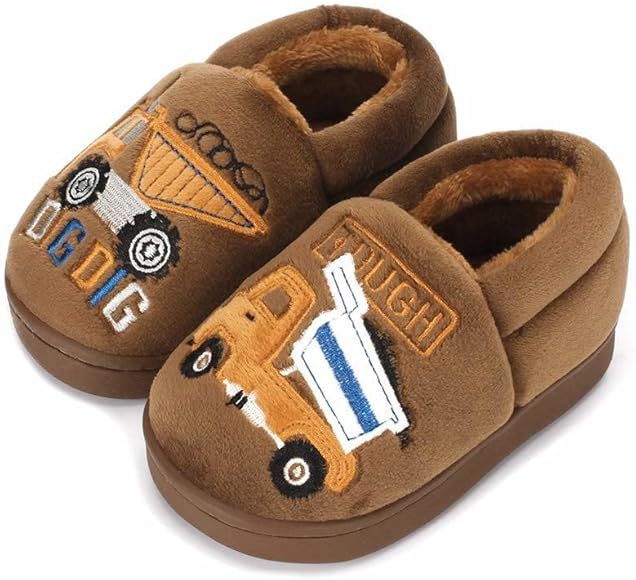 ESTAMICO Boys Girls Warm Slippers Cartoon Car Kids Winter Indoor Household Shoes | Amazon (US)