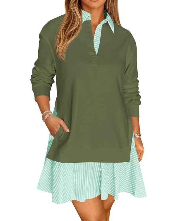 Wenrine Womens Oversized Sweatshirt Dress Casual Long Sleeve Collared V Neck Patchwork Loose Mini... | Amazon (US)