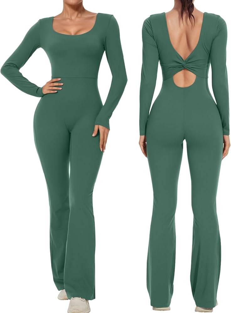 Wenlia Women's Workout Flare Jumpsuit Square Neck Long Sleeve Twist Back Romper Cutout Full Lengt... | Amazon (US)