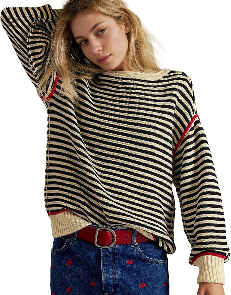 Hixiaohe Oversized Sweaters for Women Striped Cute Knit Sweater Long Sleeve Crew Neck Pullover To... | Amazon (US)
