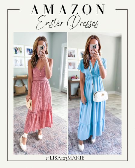 Amazon Easter dress. Amazon wedding guest dress. Baby shower dress. Wedding shower dress. Spring wedding guest. Vacation dress. Amazon tie-up espadrilles (TTS). Both are bump-friendly!

*Wearing 0-2 in left and small in right. Right dress is nursing and bump friendly (there is a tie-piece you can undo around the neck to bring down either side). Shoes on left are Amazon and right are older Soludos. Amazon ones are GOOD !

#LTKshoecrush #LTKbaby #LTKwedding