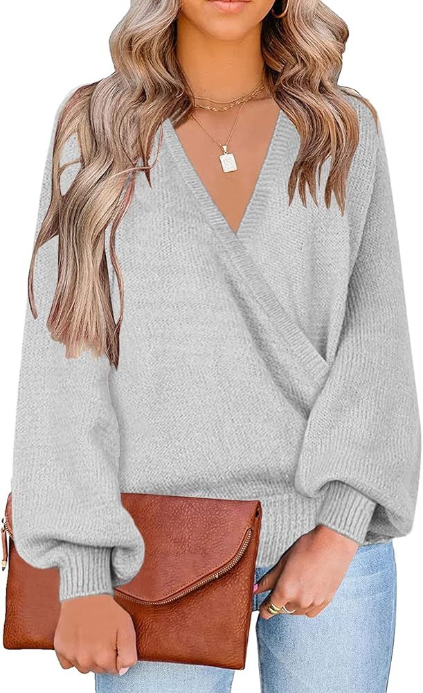 LookbookStore Women's Knit Long Sleeve Faux Wrap Surplice V Neck Sweater Top | Amazon (US)