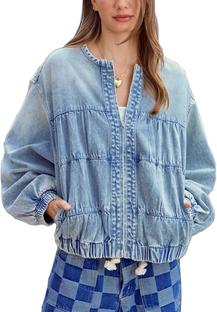 chouyatou Women Spring Fall Oversized Jean Jacket Trendy Lightweight Y2K Floral Denim Bomber Jack... | Amazon (US)