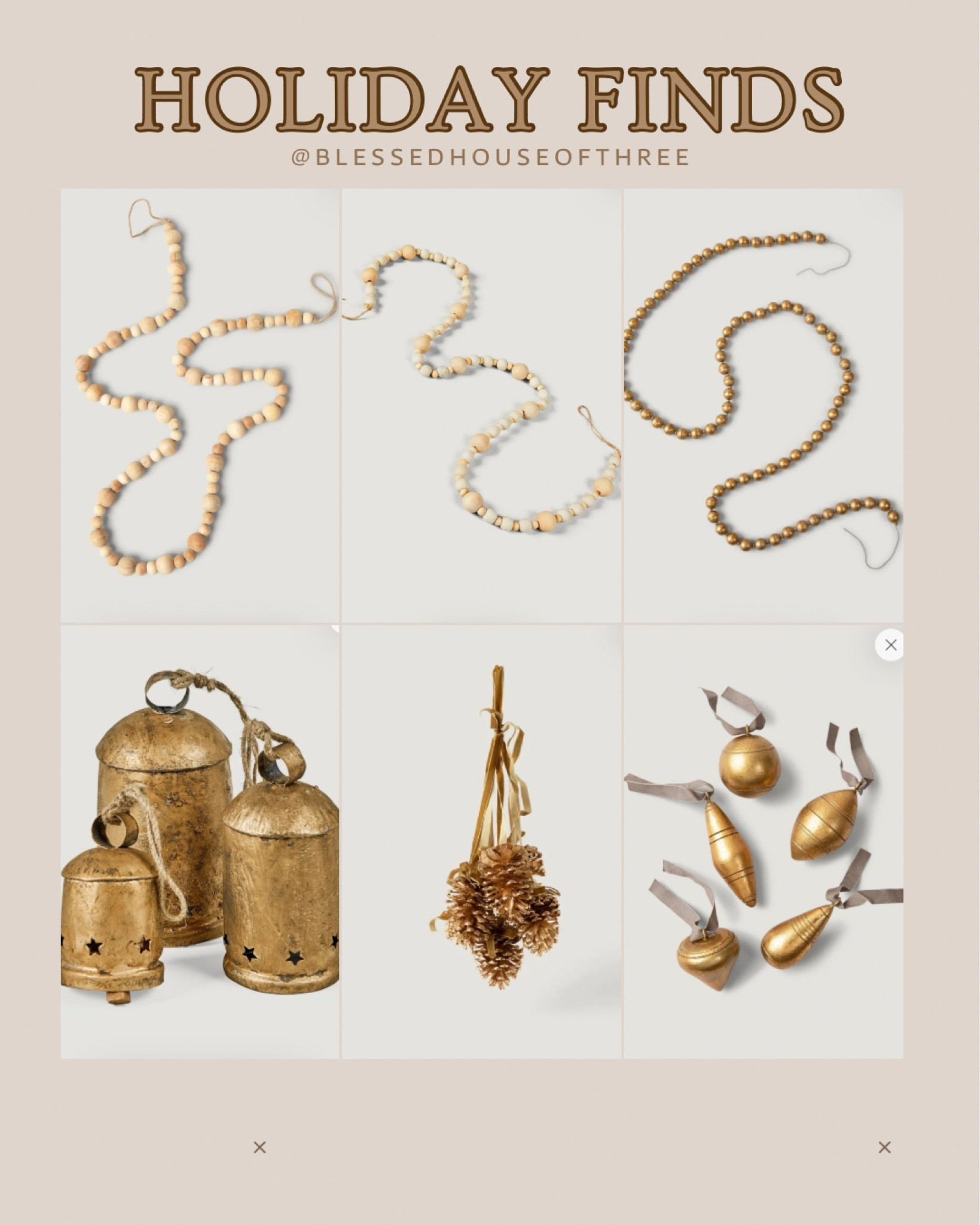 Love these holiday finds

Wood ornaments, brass bells, gold bead garland, wood bead garland, pinecone swag, Christmas home decor, 

#LTKHoliday #LTKHome