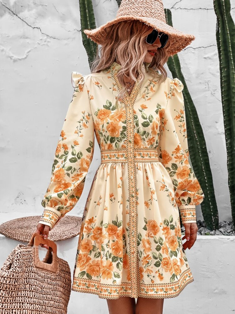Floral Print Ruffle Trim Shirt Dress | SHEIN