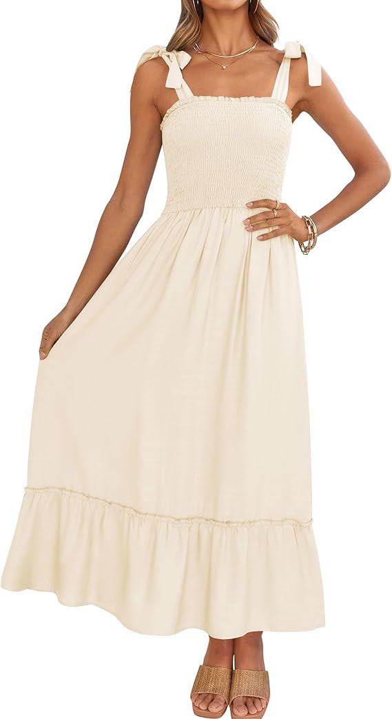 ZESICA Women's 2026 Summer Boho Spaghetti Strap Square Neck Solid Color Ruffle A Line Beach Long ... | Amazon (US)