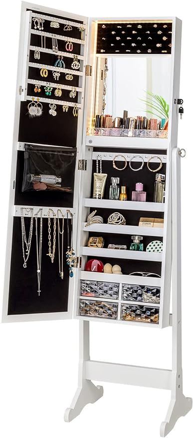 LUXFURNI LED Light Jewelry Cabinet Armoire, Standing Mirror Makeup Lockable Large Storage Organiz... | Amazon (US)