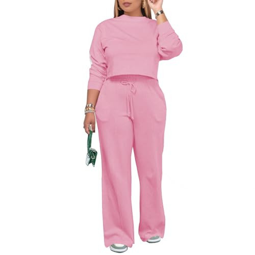PINSV Women's 2 Piece Outfits Sweatsuit Set Long Sleeve Crop Top Drawstring Wide Leg Pants with Pockets Track Suits Casual Sets Pink M | Amazon (US)