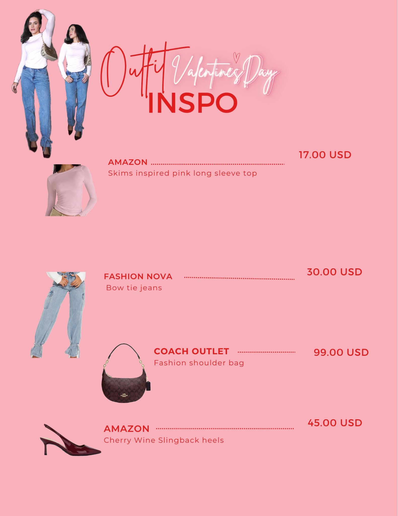 For a Valentine's Day outfit, consider pairing a long sleeve, modest light pink tee with loose denim jeans for a casual yet chic look. Elevate the ensemble with red wine heels for a touch of sophistication and a pop of color that ties in with the romantic theme of the occasion.♥️💌🏹🍫🍓🥀💋👠
#amazonfinds #valentines #valentinesdayoutfit #datenightoutfit #popofred #redheels #valentinesdaylook
