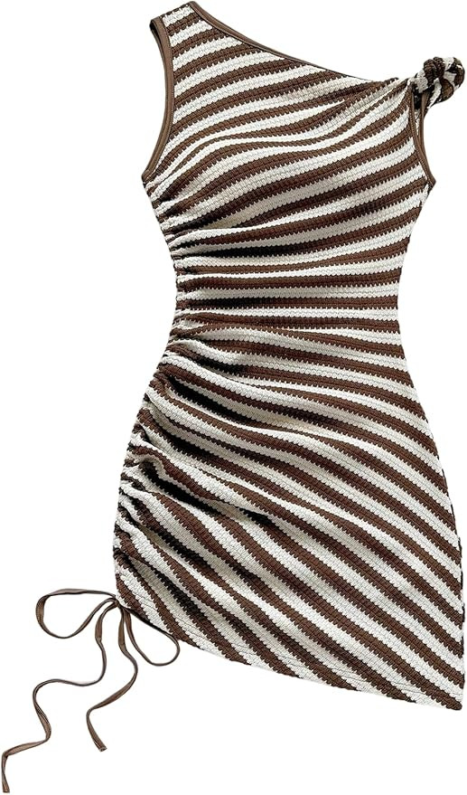 GORGLITTER Women's Crochet Striped Mini Dress Ruched One Shoulder Asymmetrical Summer Beach Knit ... | Amazon (US)