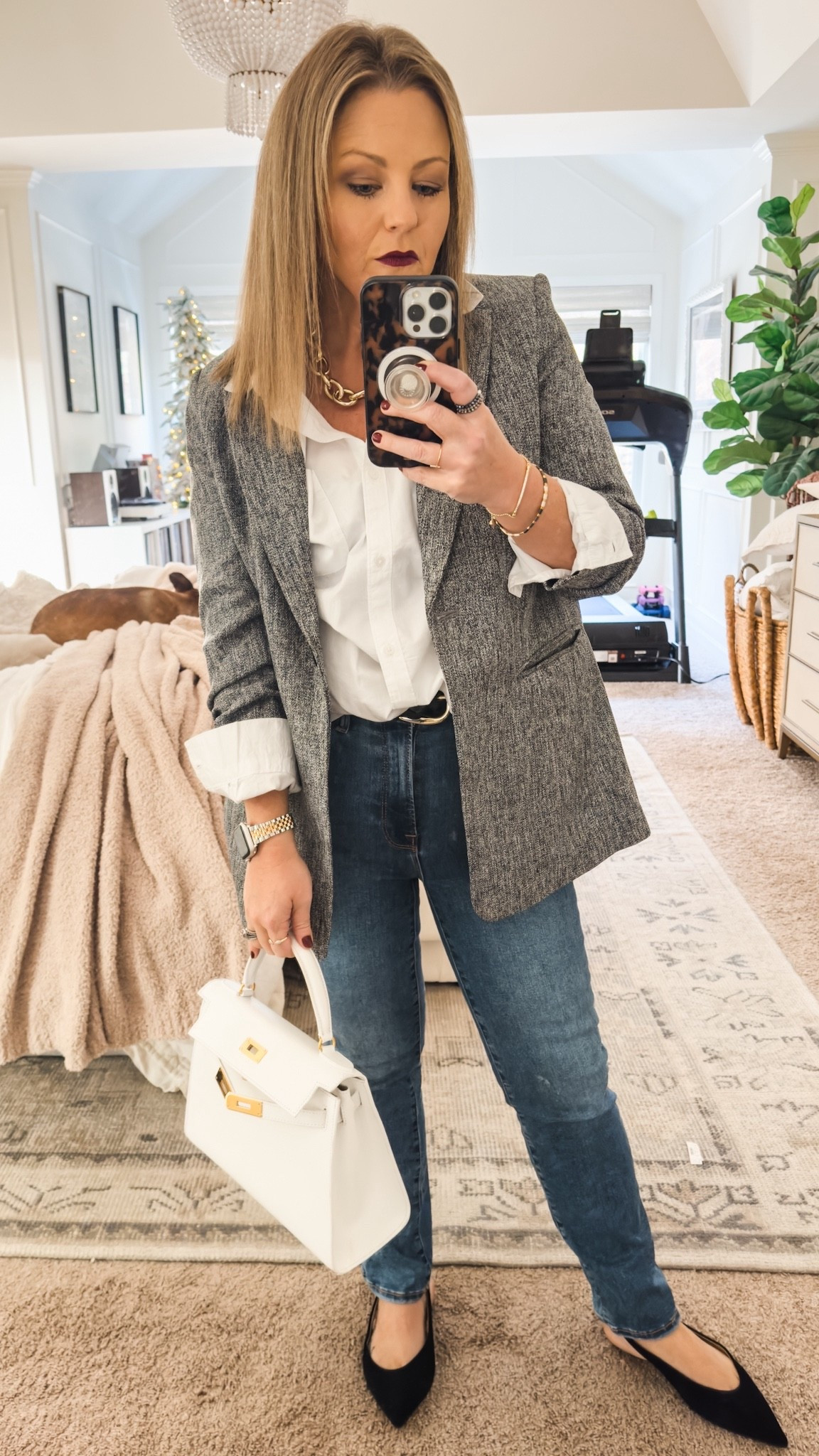 Casual church outfit, tailored enough for a business casual work look at the office! 

In love with the ruched sleeves on the blazer that make layering a breeze (and love not having to worry about unrolled sleeves). Fits TTS — I’m 5’3 and wearing a medium. 

Affordable boyfriend button down — I’m wearing a medium for an oversized fit but if you prefer less slouchy, size down.

I’m wearing a 6-12 in the always fits jeans (a true miracle that they fit a span of 4 sizes and are so comfy!) they are 30% off right now!

I have my suede slingback slides in both the black and brown and they’re 66% off! Such a deal!

I sized down in the braided leather belt to an XXS-S but the sizing is super forgiving since you just put the needle wherever you want.

The necklace is part of the bogo 40% off deal. 

Also- my lipstick is a bit of a scourge but I’m obsessed with the formula! This color is Unrestrained.

#LTKBeauty #LTKOver40 #LTKWorkwear