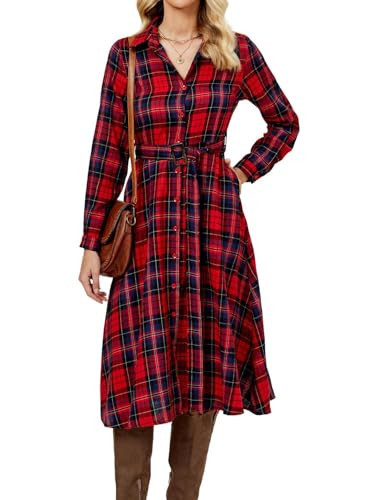 YEXPINE Women's Red Plaid Maxi Dress - Long Sleeve, Collared, Belted, Buttery Soft Fabric - Perfect for Casual, Christmas Occasion - Size S | Amazon (US)