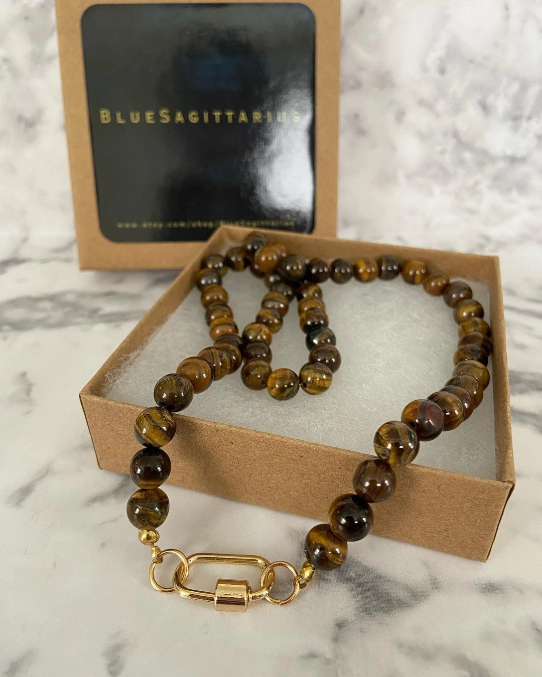 Brown Tiger’s Eye Gemstone Carabiner Necklace With 8mm Round Beads - Etsy | Etsy (US)