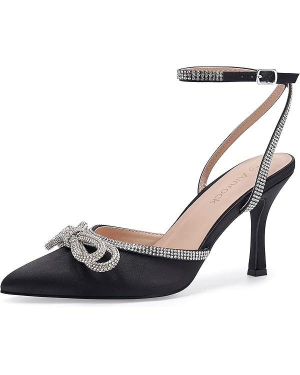 Women's Rhinestone Bow Heels Sparkly Wedding Closed Pointed Toe High Sexy Satin Stiletto Ankle St... | Amazon (US)