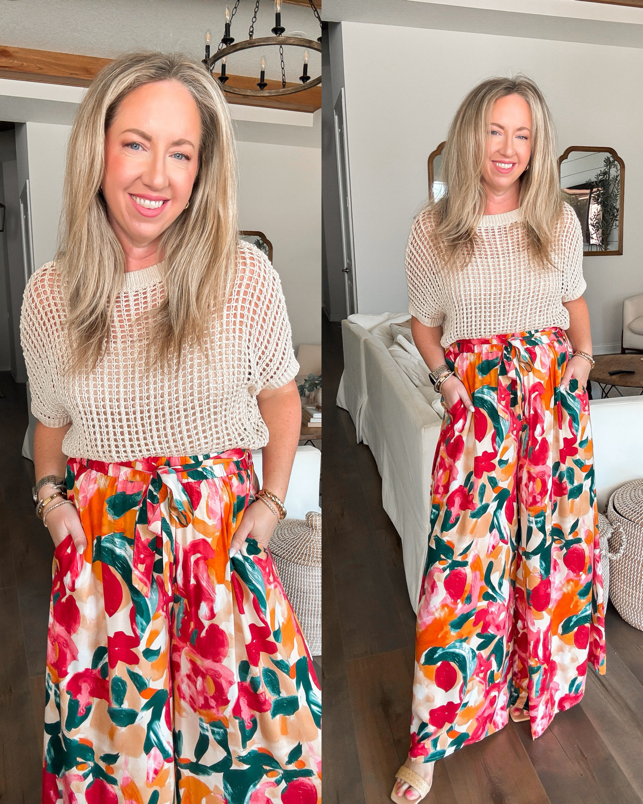 Loving this crochet sweater paired with wide leg pants for a relaxed yet chic look. Perfect vacation look! Wearing size S in pants. ☀️

Amazon resort wear, look for less finds, l print, wide leg pants, bright color, beach vacation, warm weather, spring break, spring and summer style, affordable vacation outfit finds. 

 #LTKootd #LTKPetite #LTKTravel