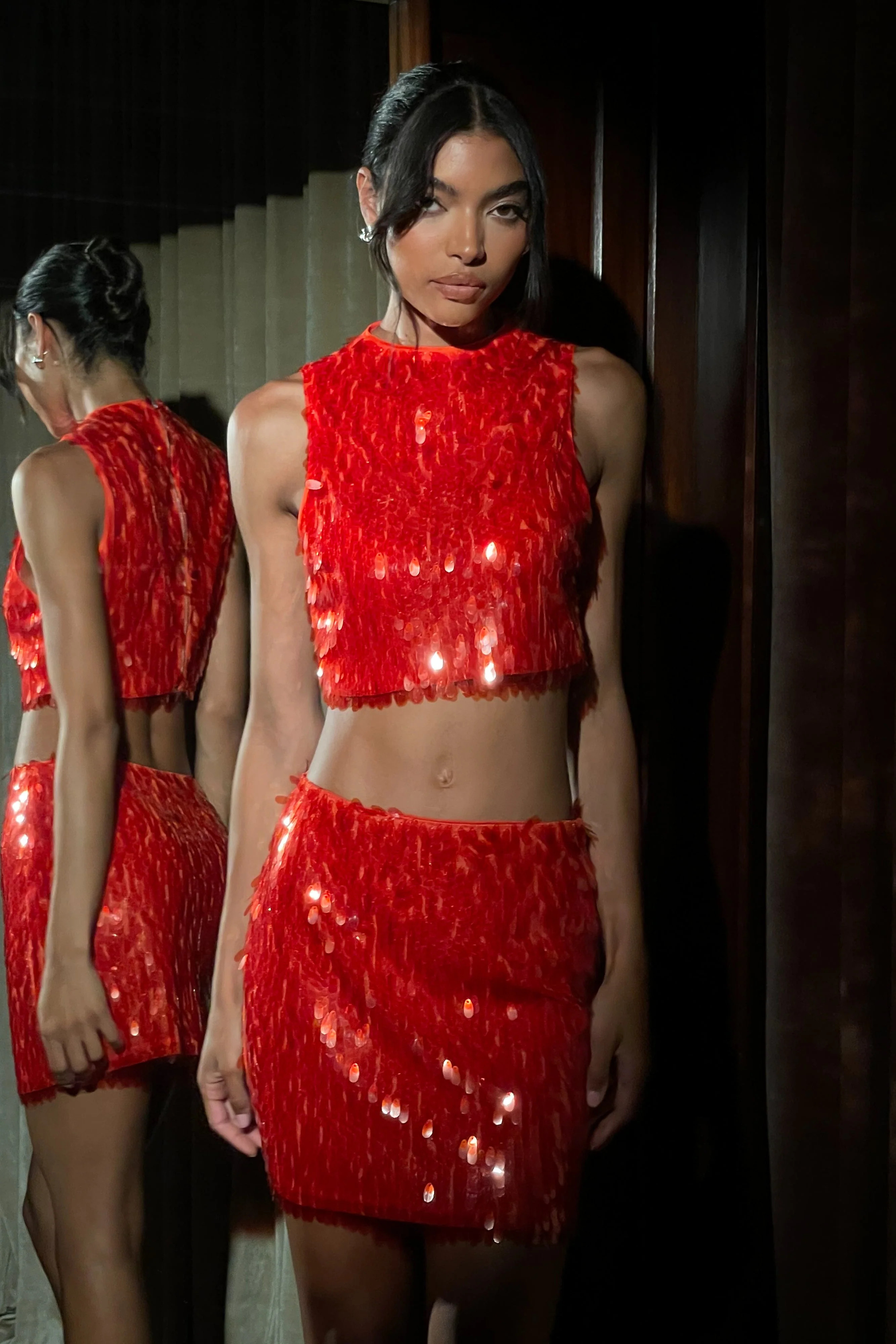 Savannah Sequin Mini Skirt - Firey Orange | MESHKI US