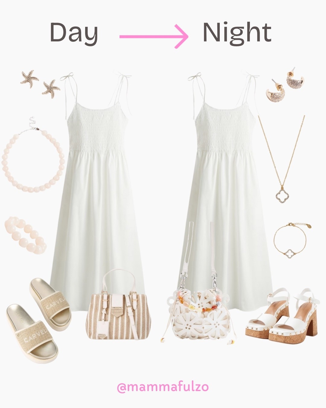 Day to night fashion. Same dress day to night, white dress, gold accessories, platform sandals, Carvella, H&M, River Island, White summer dress, summer bags for nighttime, summer day bags, summer fashion, summer outfit ideas

#LTKdresses #LTKuk #LTKsummer