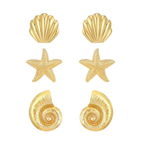 3 Pairs Beach Earrings for Women 14K Gold Statement Earrings Summer Ocean Jewelry Starfish Conch ... | Amazon (US)