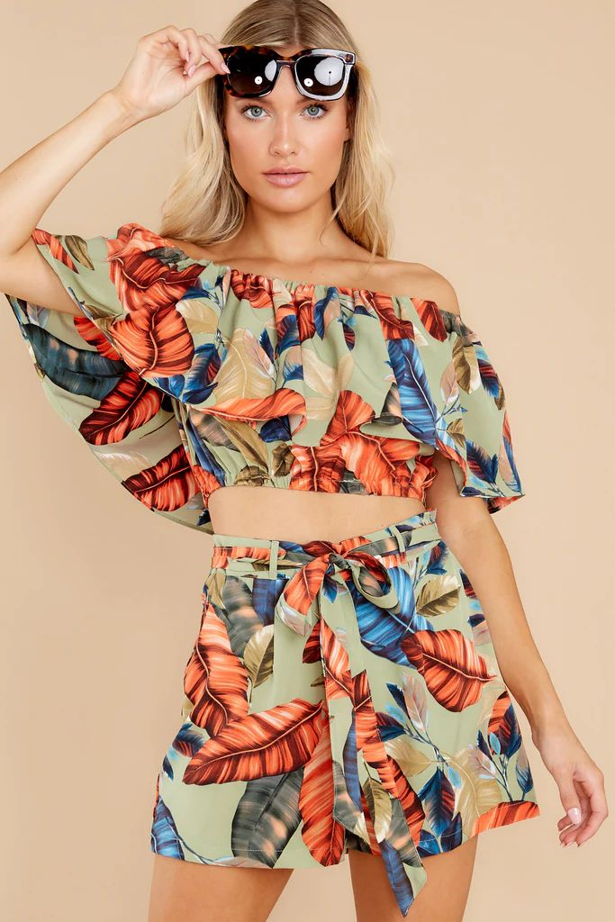 Exotic Babe Sage Green And Red Leaf Print Two Piece Set | Red Dress 