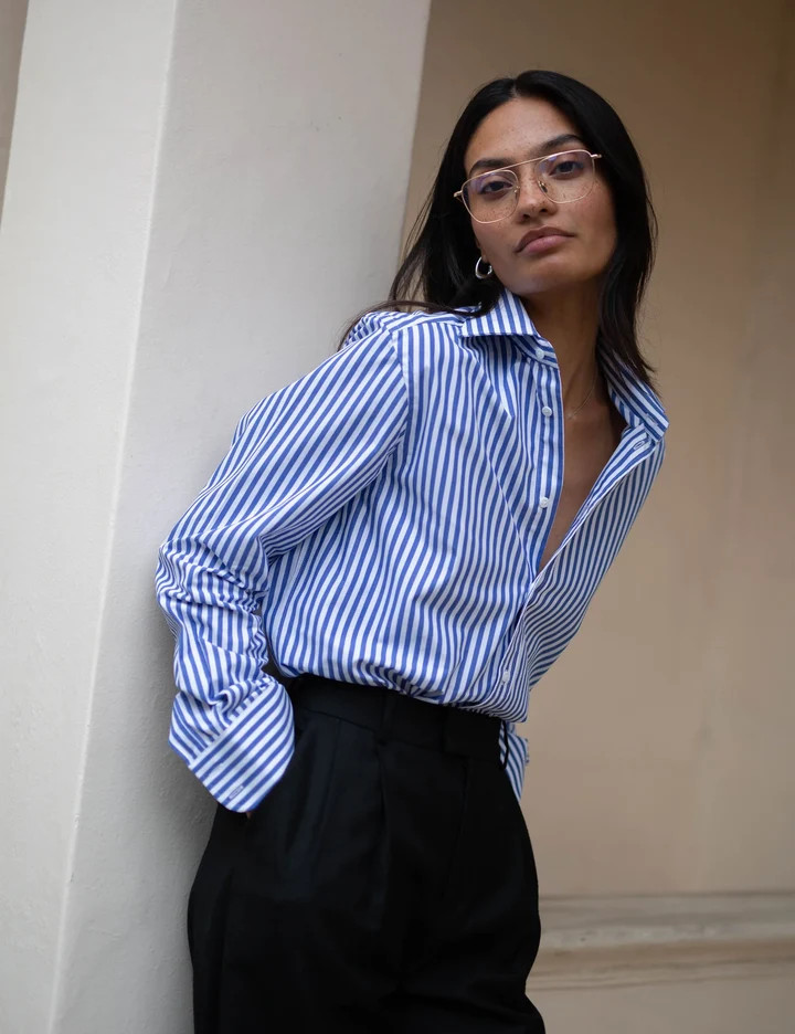 The Boyfriend: Fine Poplin, Royal Blue Stripe | With Nothing Underneath