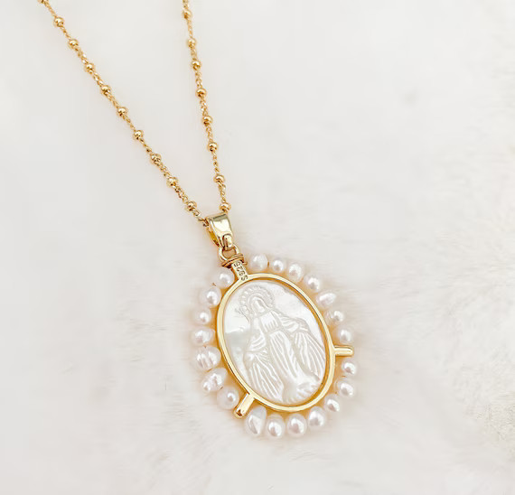 Mother of Pearl Miraculous Medal Virgin Mary Necklace | Etsy | Etsy (US)