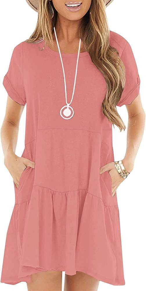 PLOKNRD Women's Summer Casual Dresses Short Sleeve Loose Ruffle Swing Pockets T Shirt Dress | Amazon (US)