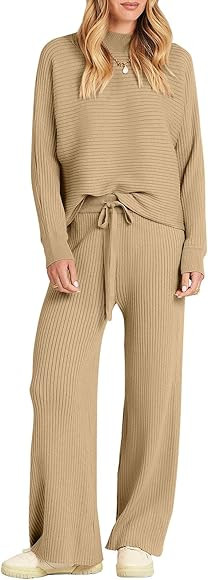 ANRABESS Women's Two Piece Outfits Batwing Long Sleeve Crop Top & Ribbed Knit Wide Leg Pants Loun... | Amazon (US)