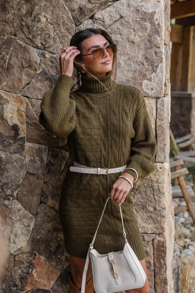 Sweetest Harmony Olive Textured Turtleneck Dress FINAL SALE | Pink Lily
