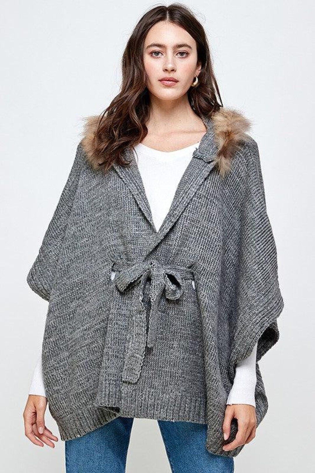 Hoodie Sweater Cardigan Poncho Fur Trim Top - Etsy | Etsy (US)