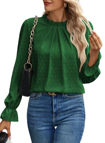 Spriolim Swiss Dot Shirt for Women Ruffle Casual Crewneck Blouse Long Sleeve Pleated Cute Tops Green, XX-Large | Amazon (US)