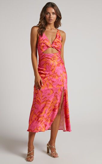 Tove Midi Dress - Twist Front Cut Out Satin Dress in Pink Floral | Showpo (US, UK & Europe)
