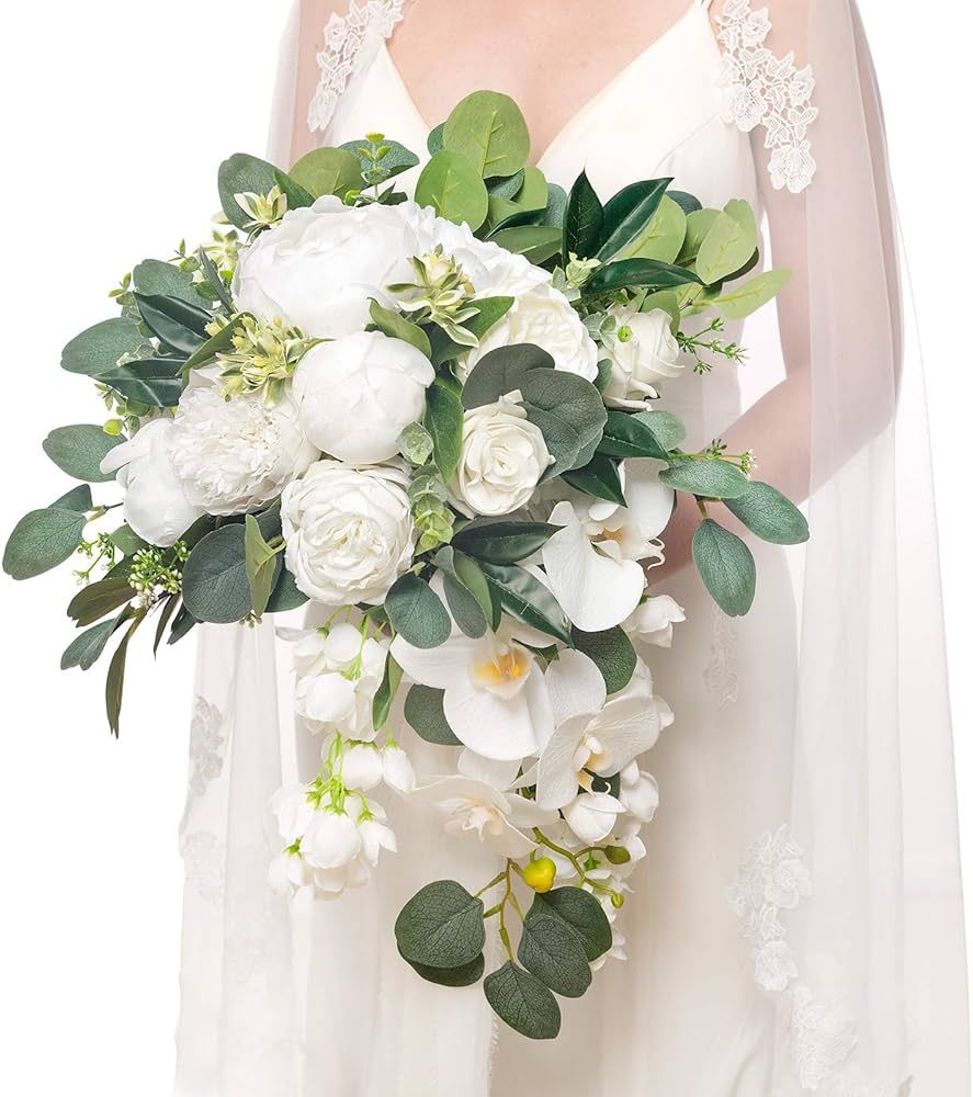 Ling's Moment White Cascading Bridal Bouquet, 11 Inch Wedding Bouquets for Bride, Bridal Bouquets... | Amazon (US)